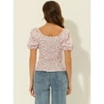 thumbnail image 4 of DARING DIVA Puff Sleeve Sweetheart Neck Smocked Floral Top M White Red, 4 of 6