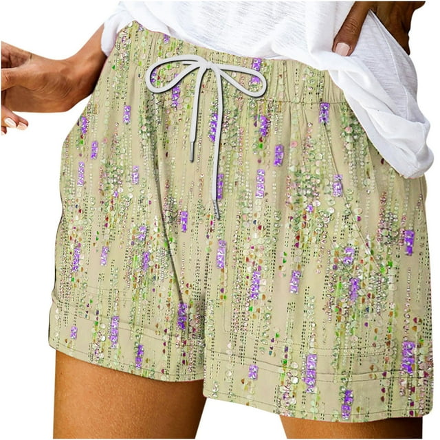 Mujeres Pantalones Cortos Ilustración de Verano Casual Encaje Hasta el Bolsillo Elástico, Pantalones Cortos Casuales para el Día Y el Ocio