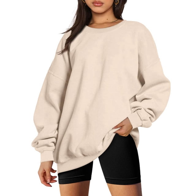 ESSSUT Hauts pour Femmes Liquidation Tendances Femmes Décontracté Col Rond Manches Longues Blouse Ample Unie Régulière Beige TG