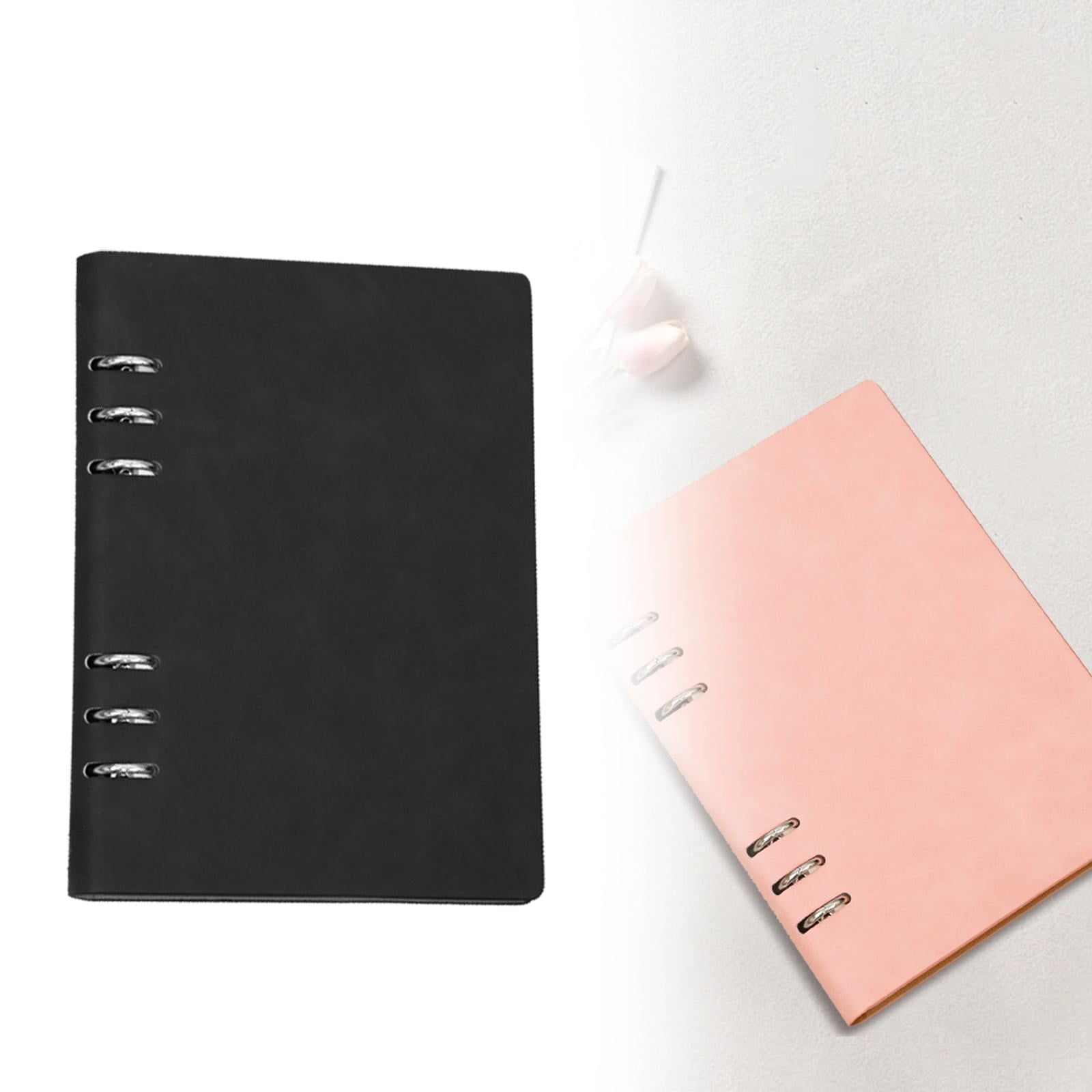 6 Ring Binder Cover, A5 Size Leather Notebook Binder Mini Refillable Loose Leaf Personal Planner with 96Sheets/192Pages Line Paper for Outdoor Travel Diaries, Sketchbooks, 1Pc(Black,9x6.5")