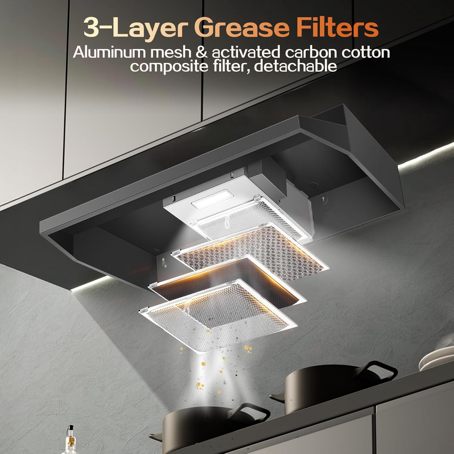 Under Cabinet Range Hood 36 inch, Ducted/Ductless Vent Hood with 2 Speeds Fan, Black Range Hood with Rocker Button Control, Kitchen Hood 280CFM, Bright LED Light
