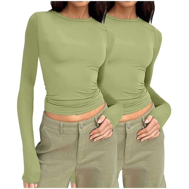 Pisexur 2 Pcs Hauts d'Automne pour Femmes Hauts à Manches Longues pour Femme Mode T-Shirts Courts à Col Rond Décontractés Ajustés Blouses Unies Chandails à Enfiler Hauts Basiques T-Shirts d'Automne