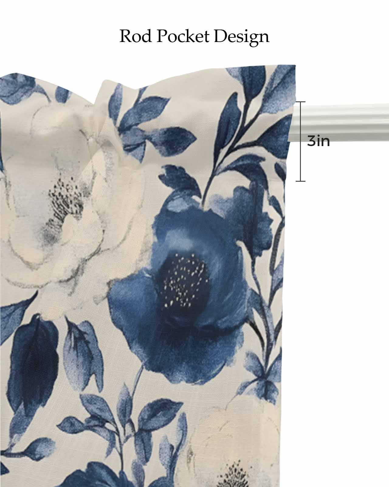 Navy Blue Beige Peony Kitchen Valances for Windows Farmhouse Linen Window Valance Curtain for Living Room Window Treatment Vintage Floral Blossom Botanical Valance Rod Pocket Topper, 54 x 18 Inch