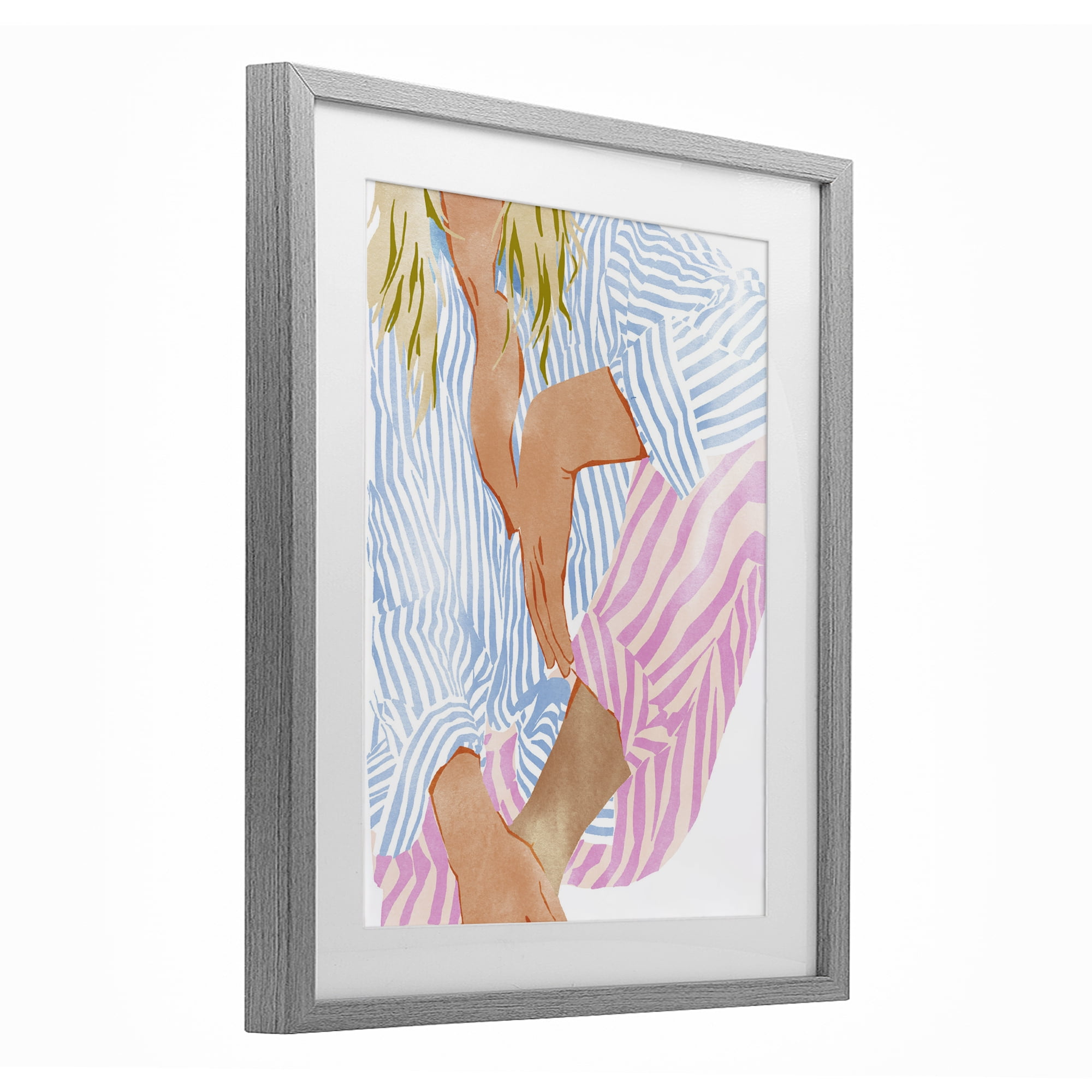 Woman in Pastel Stripes Gray Framed Print Under Glass, design by Ziwei Li