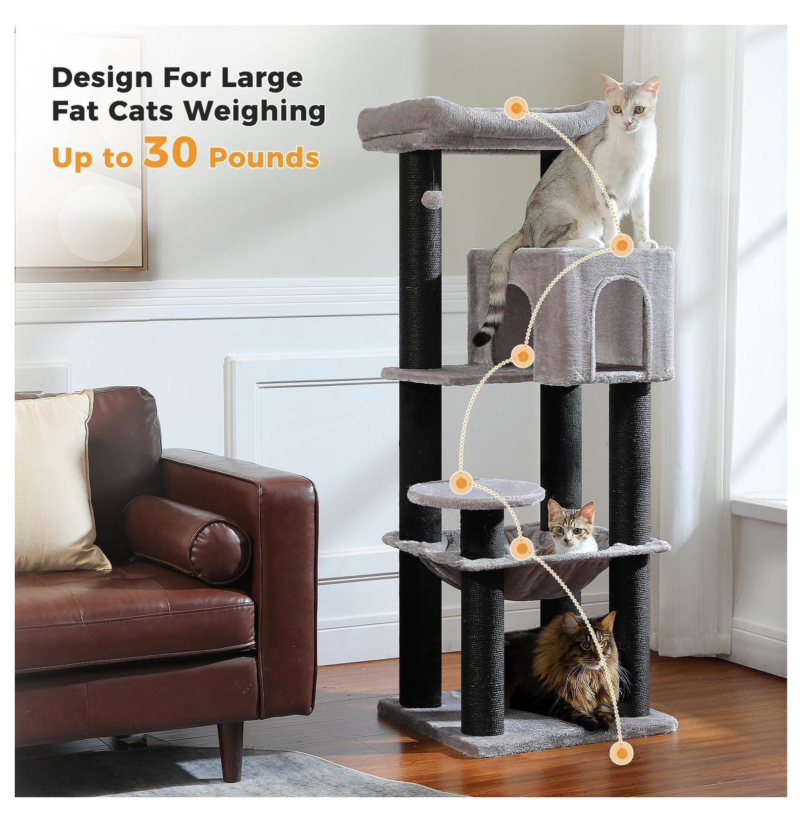 Large Cat Tree for Big Cats 30lbs, 57.8" Heavy Duty Tower, Maine Coon Cat Furniture - Reinforced Scratching Posts, Hammock & Condo, Plush Black