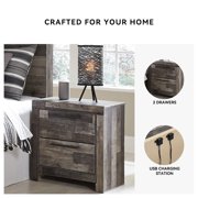 Signature Design by Ashley Derekson Two Drawer Nightstand – Multi-Gray, Rustic Pine Grain, USB Charging, Modern Urban Style