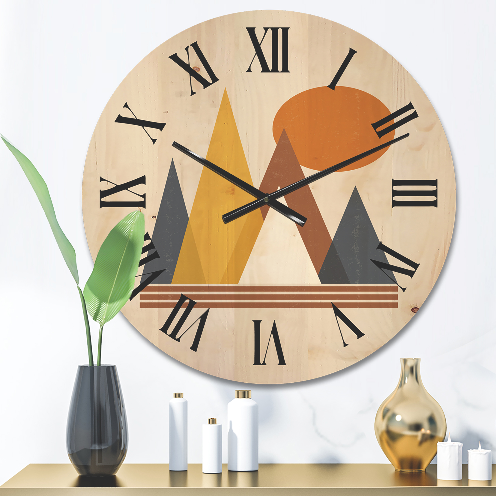 Designart 'Sun and Mountain Abstract' Modern Wood Wall Clock