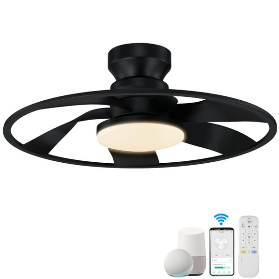 22" Smart Low Profile Ceiling Fans with Lights Remote,Quiet DC Motor,Bladeless Flush Mount Ceiling Fan Controlled by WiFi Alexa App,Modern Black for Small Indoor Bedroom Outdoor Patio
