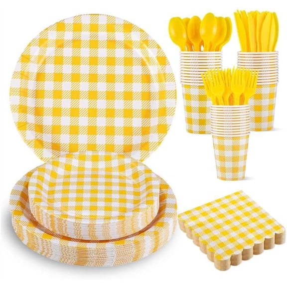 175 Pcs Gingham Party Supplies Include Yellow Gingham Plates and Napkins Cups Plastic Cutlery Disposable Yellow Checkered Plates Set for Golf Master Party, Picnic, Baby Shower