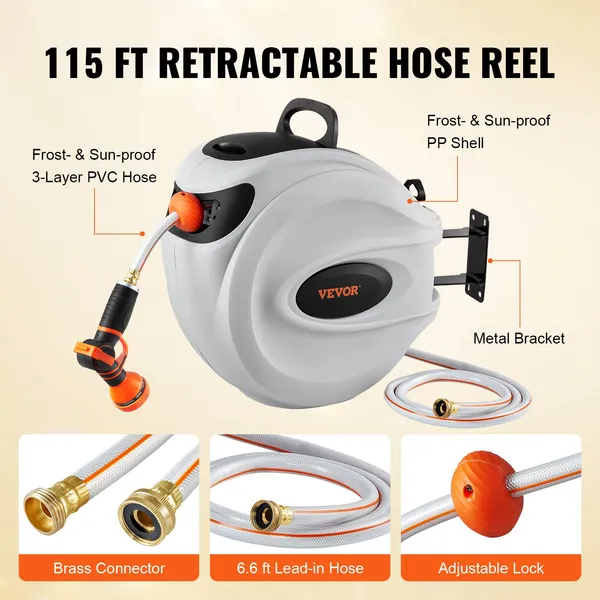 Retractable Garden Hose Reel 115 ft 0.5 Inch 180 Degree Swivel Wall Mount with 9 Pattern Nozzle Automatic Rewind Lock Any Length Slow Return System