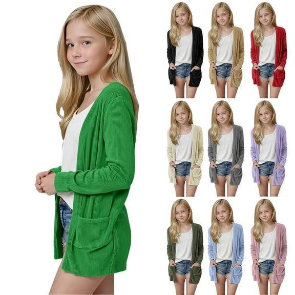 UQJfacai Girls Cardigan Corduroy Open Front Long Sleeve Oversized Sweaters Spring Fall Kids Casual Outerwear with Pockets 5-14 Years