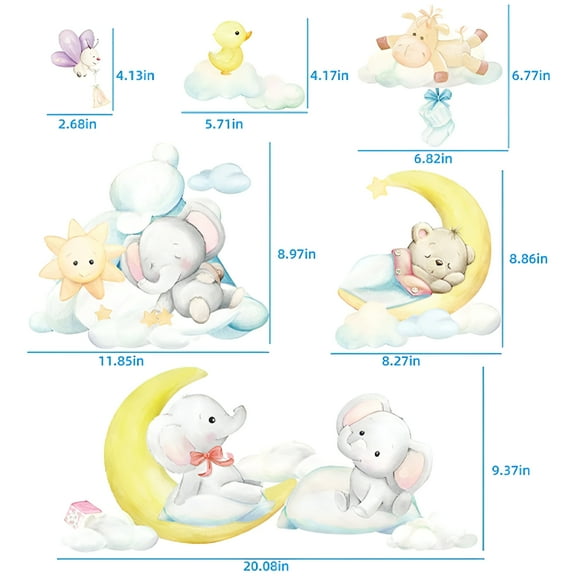 LAMIRO Cute Elephant Moon Stars Clouds Wall Decal Stickers