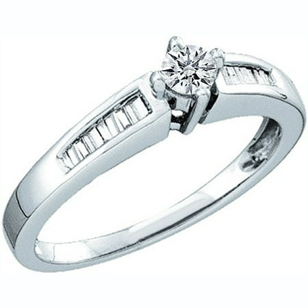 - 0.23 Carat (ctw) 14K White Gold Round & Baguette Cut Diamond Ladies Solitaire With Accents Bridal Engagement Ring 1/4 CT