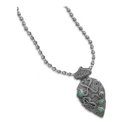 Jewelryweb Sterling Silver 16 Inch+2 Inch Extention Oxidized Bead Necklace With Turquoise Pendant