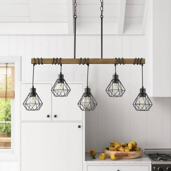 Industrial 5-Light Chandelier with Black Metal Geometric Cage - Adjustable Hanging Light Fixture for Dining Room, Living Room & Bar (39.17 IN)