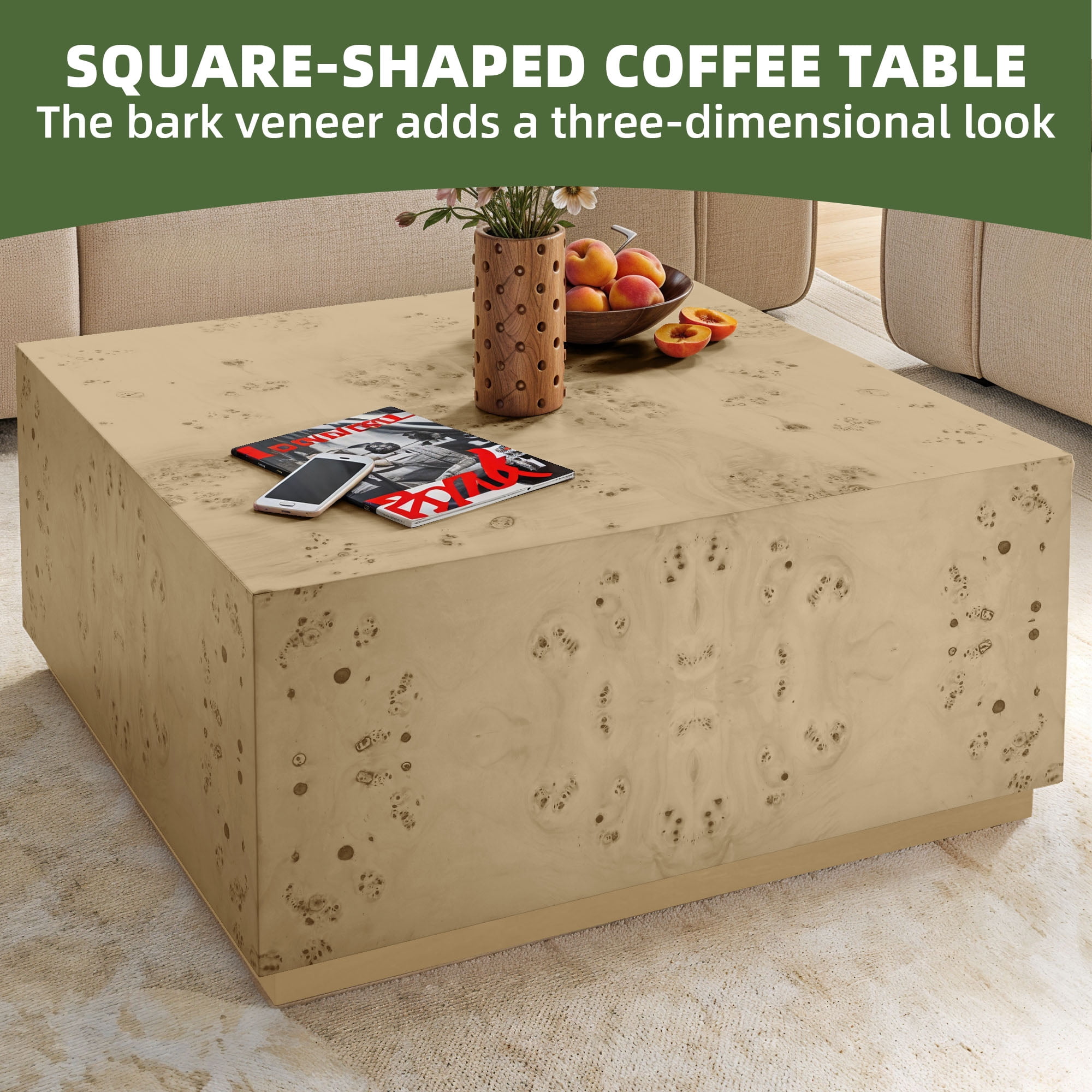 Uforic Minster Square Coffee Table, Exquisite Burl Wood Craftsmanship, Unique Grain Patterns, Modern Aesthetic, Spacious Surface, and No Assembly Required