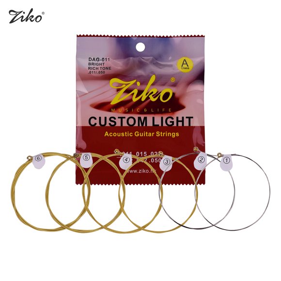 ZIKO DAG-011 Cordes de Guitare Folklorique Acoustiques Légères Personnalisées Noyau en Acier à Haute Teneur en Carbone Fil en Laiton Enroulé Résistant à la Corrosion Ensemble de 6 Cordes pour Débutant Pratique Quotidienne