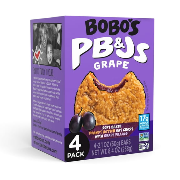 Bobo's PB&Js Grape, Peanut Butter Oat Crust Snack Bars, Gluten Free, 4 Count, 2.1 oz Each