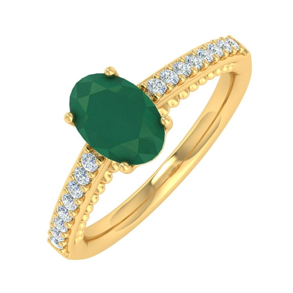 1 Carat Oval Shape Emerald and Round Diamond Solitaire Engagement Ring in 10K Yellow Gold (Ring Size 7)