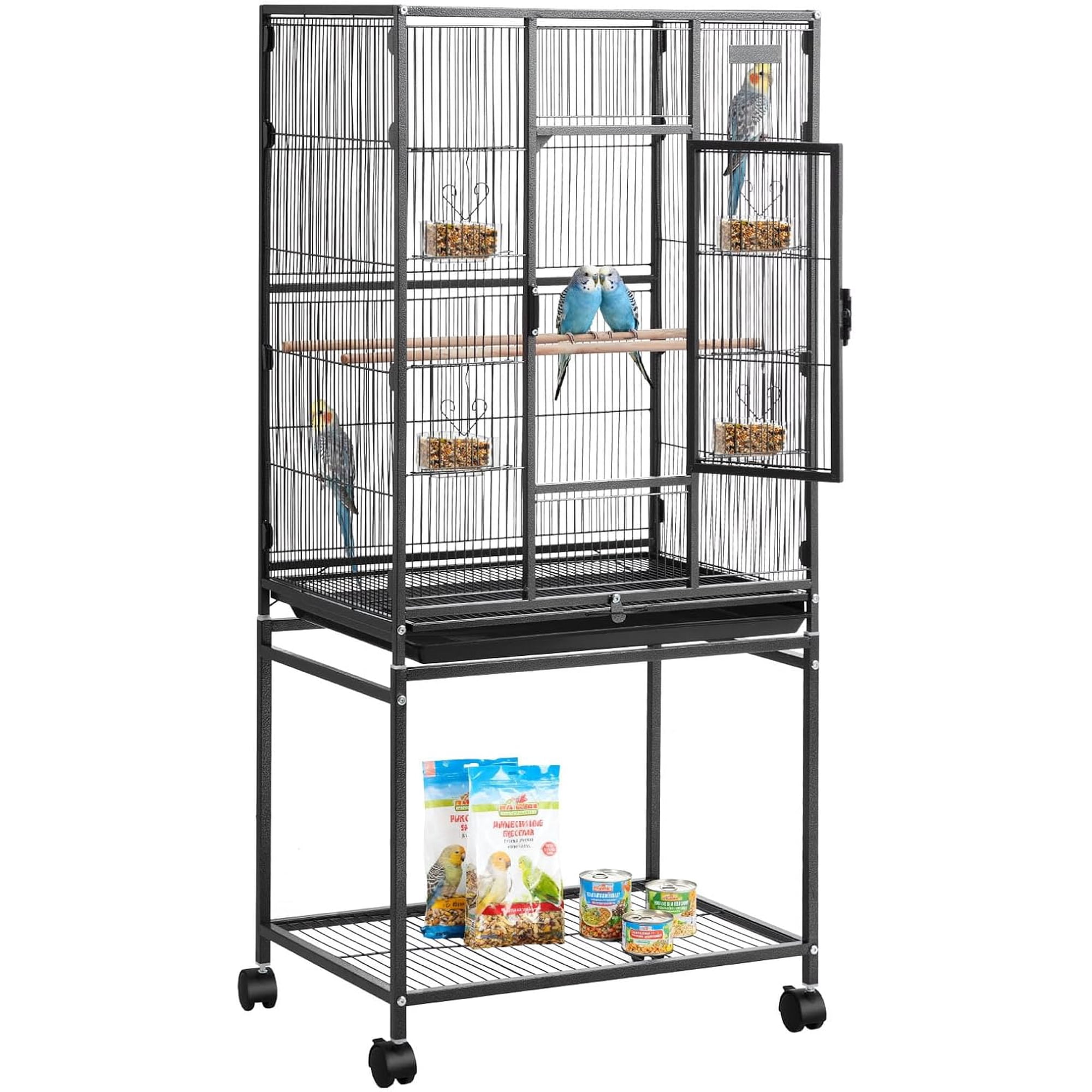 Bird Cage, 24.6 x 16.7 x 53.9 inch, Flat Top, Wrought Iron Bird Flight Cage with Perches, Slide-Out Tray and Plastic Feeders, Casters, for Parrot, Blue Tit, Cockatiel, Canary, Budgerigar, Conure