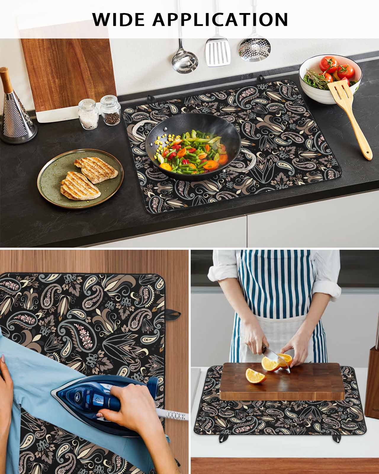 nqOlkjepod Large Induction Cooktop Protector Mat 36"x21", Boho Black Floral Stove Top Covers for Electric Stove, Farmhouse Botanical Vintage Paisley Flower Stove Burner Cover Mats Stove Cover