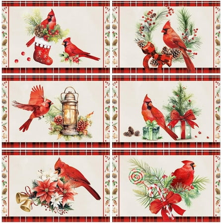 

Rdsfhsp 6 Pcs Christmas Placemats 12 x 18 Washable Linen Dining Table Mats Retro Santa Cardinal Printed for Kitchen Xmas Party Winter Home Decoration