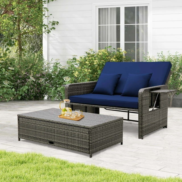 Costway Wicker Loveseat Sofa Set Patio Rattan Daybed with Ottoman & Retractable Side Tray Navy