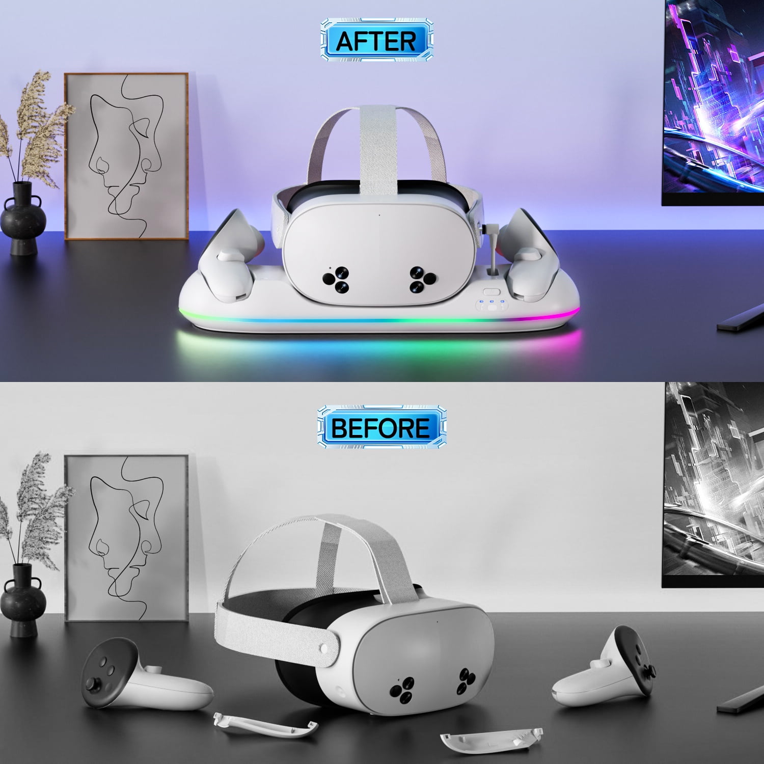VR Charging Dock for Meta Quest 3/Quest 3S/Quest 2, Magnetic Charging Station for Oculus Quest 3 VR Headset & Controllers, with 2 Rechargeable 2100mAh Batteries, USB-C Charger, Supports LED Indicator