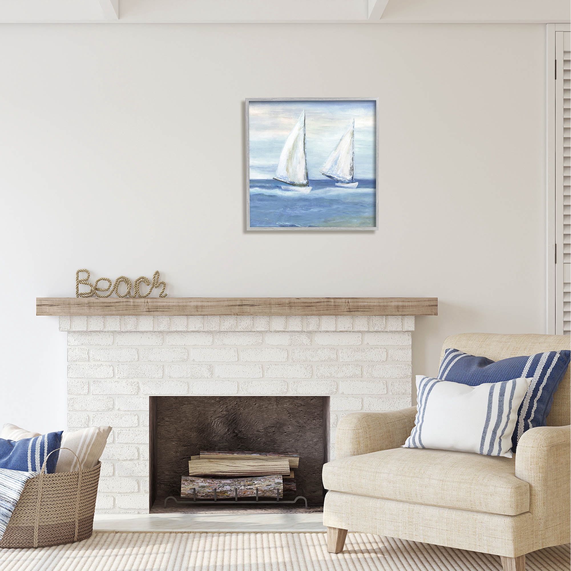 Stupell Industries Blue Sailboats Ocean Splash Coastal Painting Gray Framed Art Print Wall Art