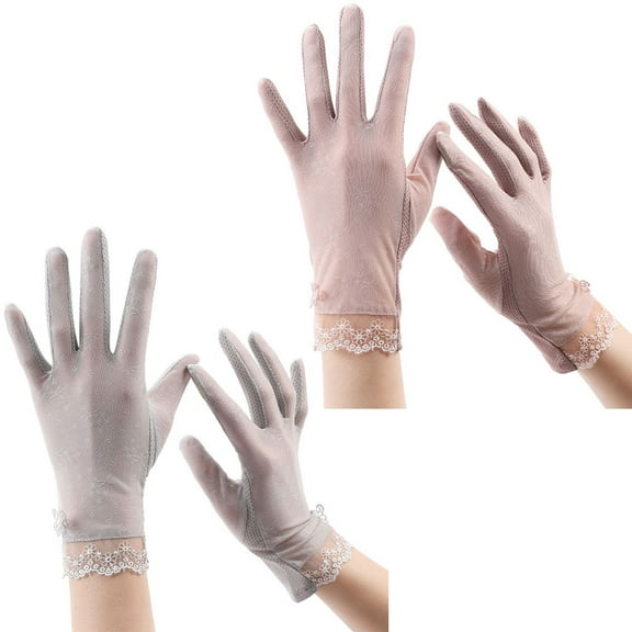 2 pairs of sunscreen gloves women's lace summer anti-ultraviolet thin outdoor touch screen non-slip ice silk gloves
