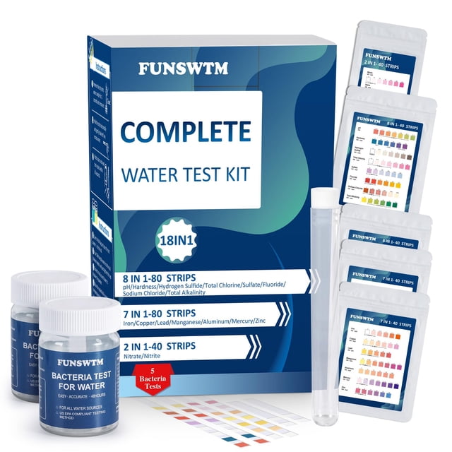 Kit de análisis de agua FUNSWTM 18 en 1, 200 tiras y 5 pruebas de bacterias