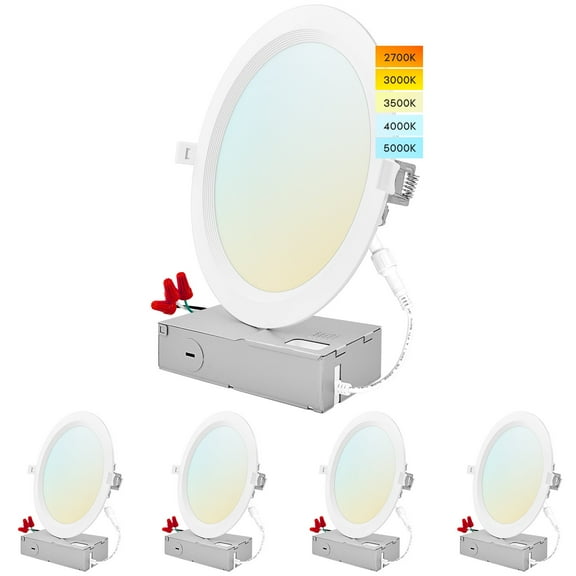 Luxrite 8 inch Ultra Thin LED Recessed Light J-Box 23W 5 Color Options Dimmable 1800 Lumens IC Rated Baffle 4 Pack