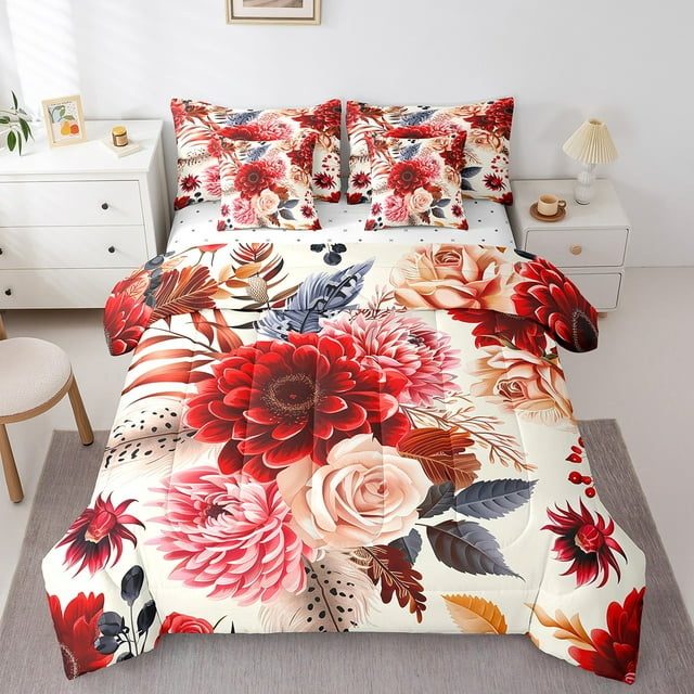 Ensemble Douillette Grand 7 Pcs pour Fille, Ensemble de Literie Dahlia Fleurs Rouges Rose, Ensemble de Draps Floral avec Douillette, Ensemble de Lit Botanique Chrysanthème