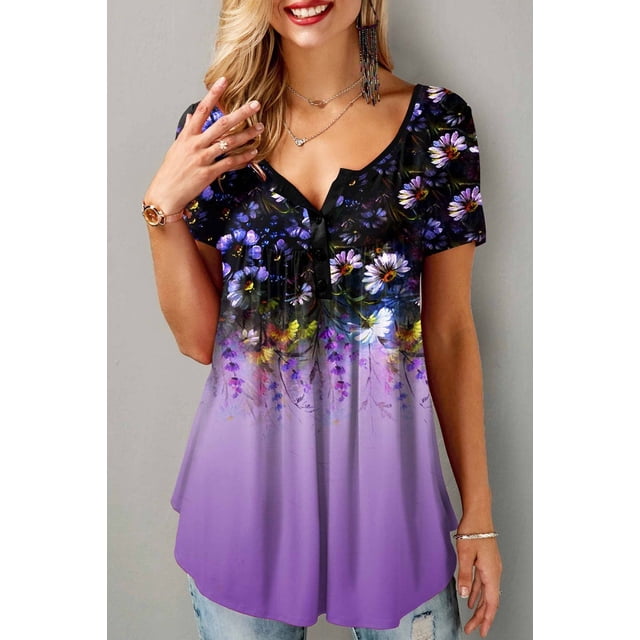 RWJDXD WUJS Chemises Décontractées pour Femmes Grande Taille à Imprimé Floral en Chiffon à Volants Manches Courtes Ourlet Asymétrique en Couches Col Rond Haut Quotidien pour Navetteur