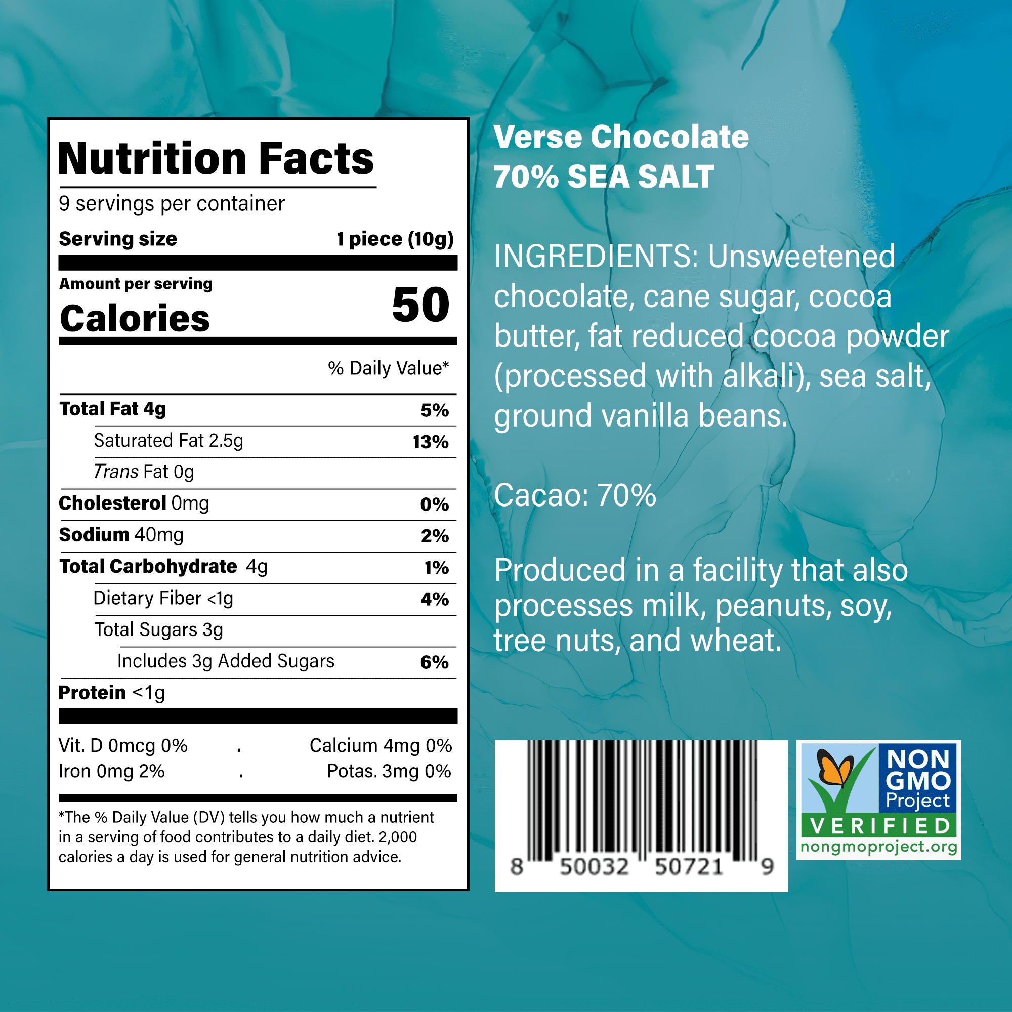 Verse Dark Chocolate Sea Salt Squares - Gluten Free, Keto Low Sugar Snack - Creamy 70% Cocoa Dark Chocolate - Only 3g Cane Sugar - Individually Wrapped Vegan Cacao Fine Chocolates Squares (30 Count)