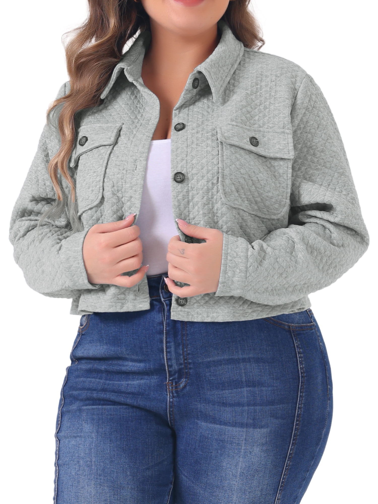 DARING DIVA Plus Size Long Sleeve Cropped Shirt Jacket 3X Gray