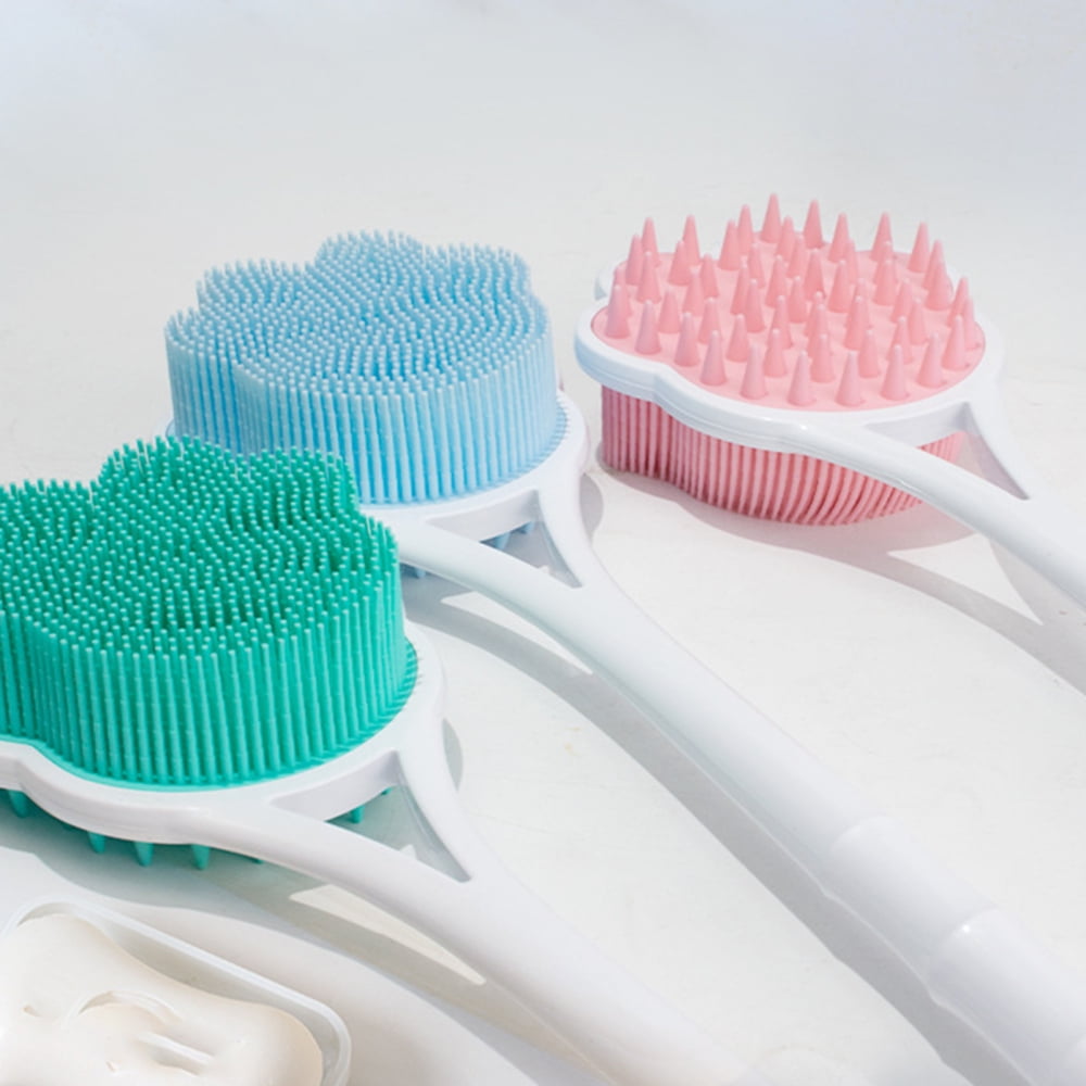 DoubleSided Silicone Shower Brush Long Handle Bath Body Brush for