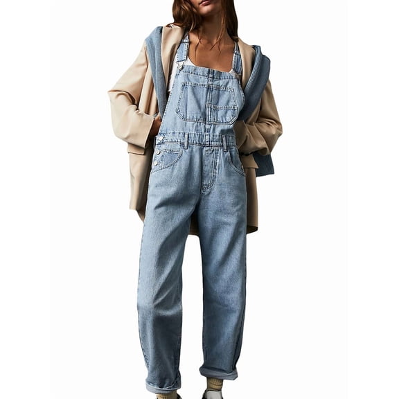 Womens Overalls Denim Bib Overalls Leg Adjustable Strap Jean Pants Jumpsuits with Pockets Trendy Light Blue S