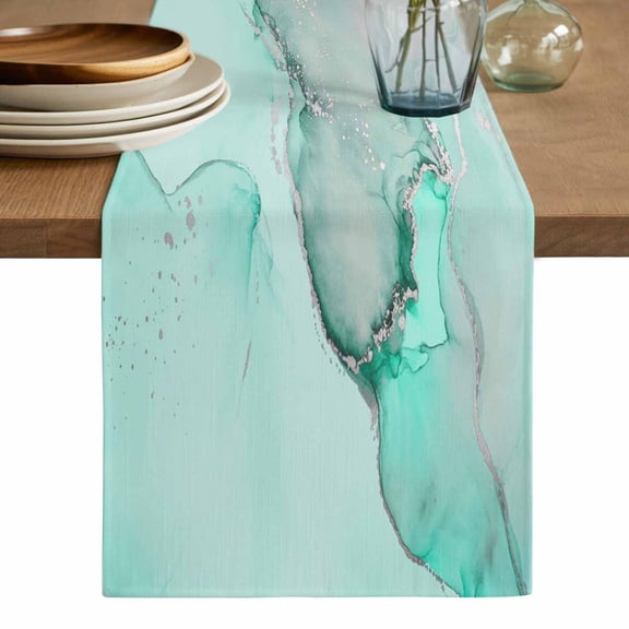Aqua Marble Table Runner, Modern Abstract Waves Silvery Farmhouse Washable Cotton Linen Table Runners 120 Inches Long, Dresser Scarf Runner for Dining/Living Room/Kitchen/Square Tables 13''x120''
