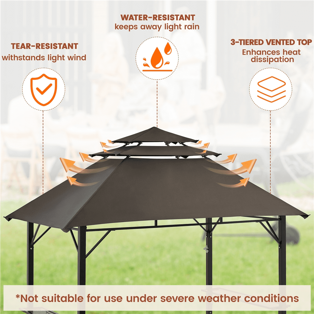 Alden Design 8*5 FT Grill BBQ Gazebo with Height-adjustable Shelves & 10 S-shaped Hooks for Outdoor, Brown