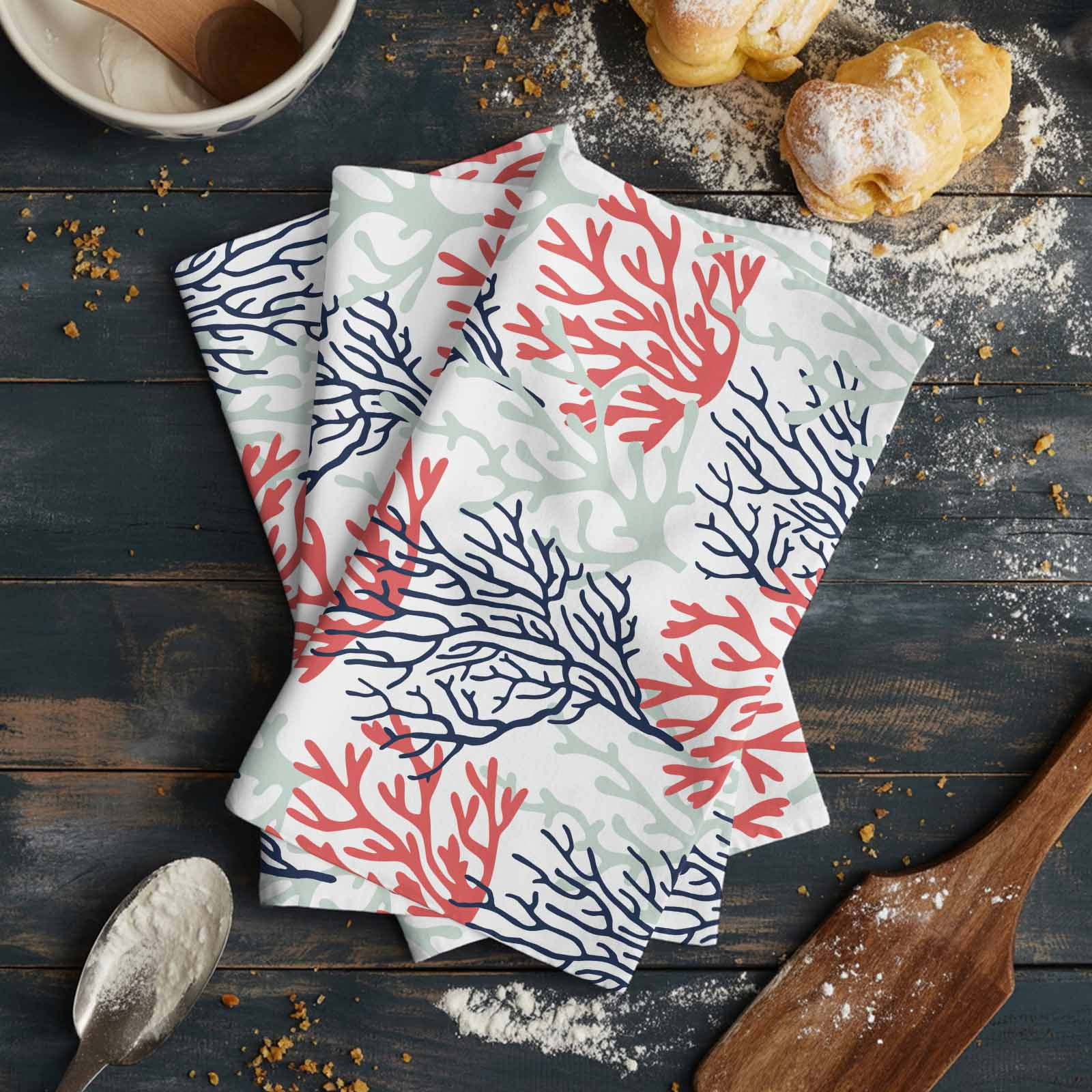 Red Navy Blue Coral Coastal Kitchen Towels Set of 3, Water Absorbent Dish Towel, Summer Beach Seaside Nautical Decorative Hand Towels - Quick Drying Cloth for Cooking Baking, 18x28 Inch