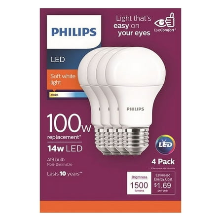 Philips 542950 14W White EyeComfort Equivalent Soft A19 Medium LED Light Bulb