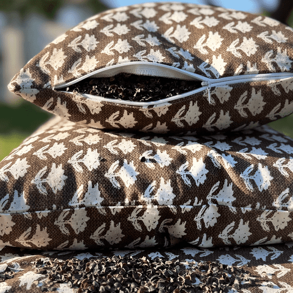 Organic Buckwheat Pillow – 14" x 20" – Opal Brown Floral Cotton Cover – Decorative, Extra Filled, Perfect for Gift