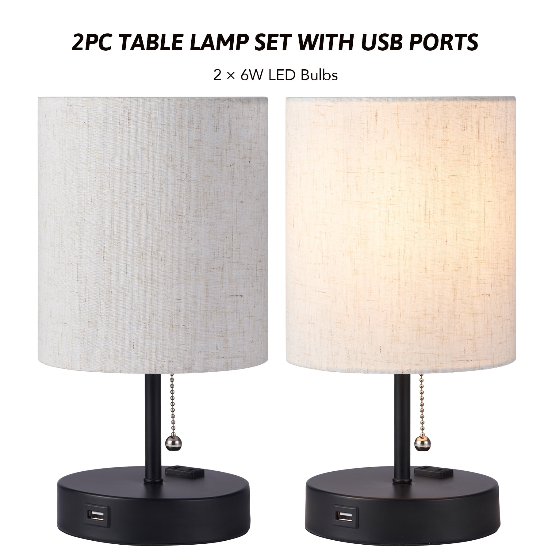 Set of 2 Desk Lamps & Table Lamps with Black Bases, Linen Shades, USB