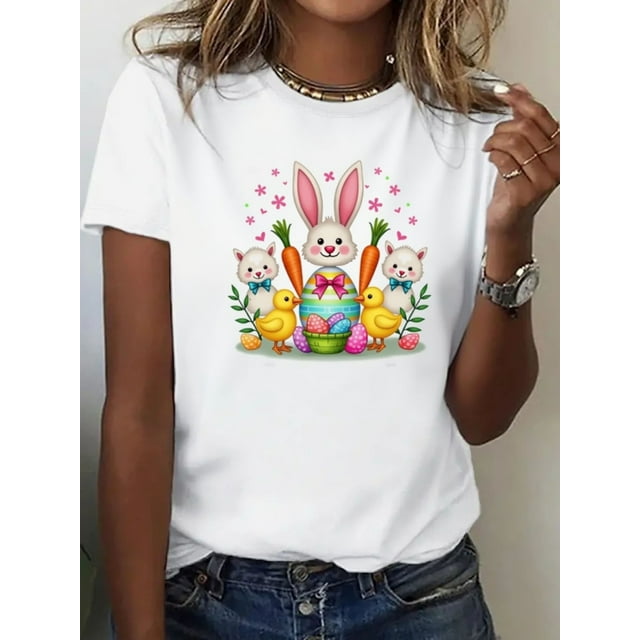 Women'S Easter Bunny & Chicks Print T-Shirt, Casual Round Neck, Short Sleeve, Regular Fit, Stretch