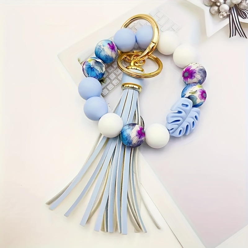 Silicone bead keychain with tassel and maple leaf pendant, stylish keychain bracelet, cool summer style, women's keychain,Blue