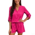 thumbnail image 5 of Stichou Womens Summer 2 Piece Linen Sets 3/4 Sleeve Cropped Tops and Shorts Casual Loose Outfits Comfy Lounge Sets Hot Pink S, 5 of 5