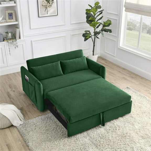 ARCTICSCORPION Modern Velvet Convertible Loveseat with 2 Pillows, Green/Blue