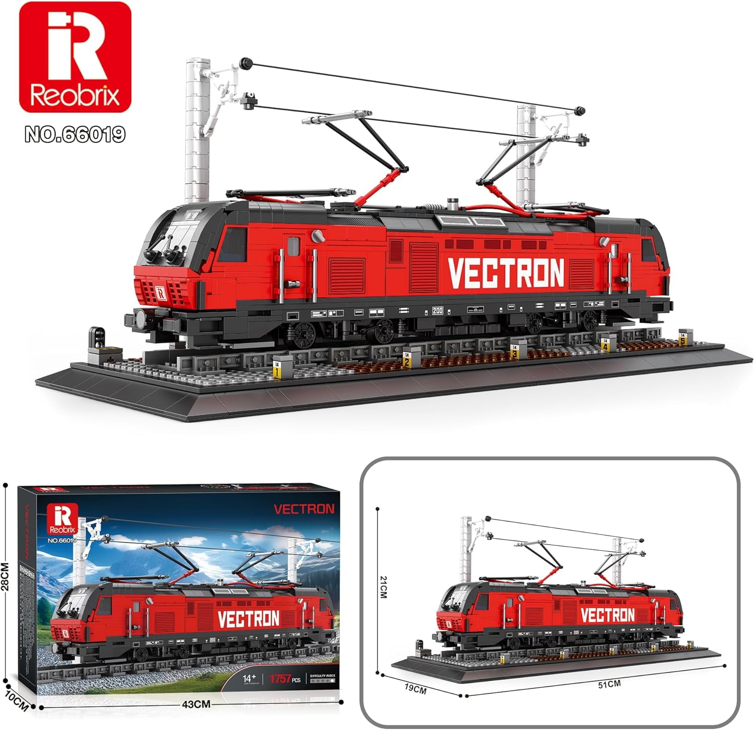 Reobrix 66019 Vectron Locomotive Building Blocks Set, Train Model Building Kit with Train Tracks, Train Toy for Teens 14+ and Adults, 1757 PCS