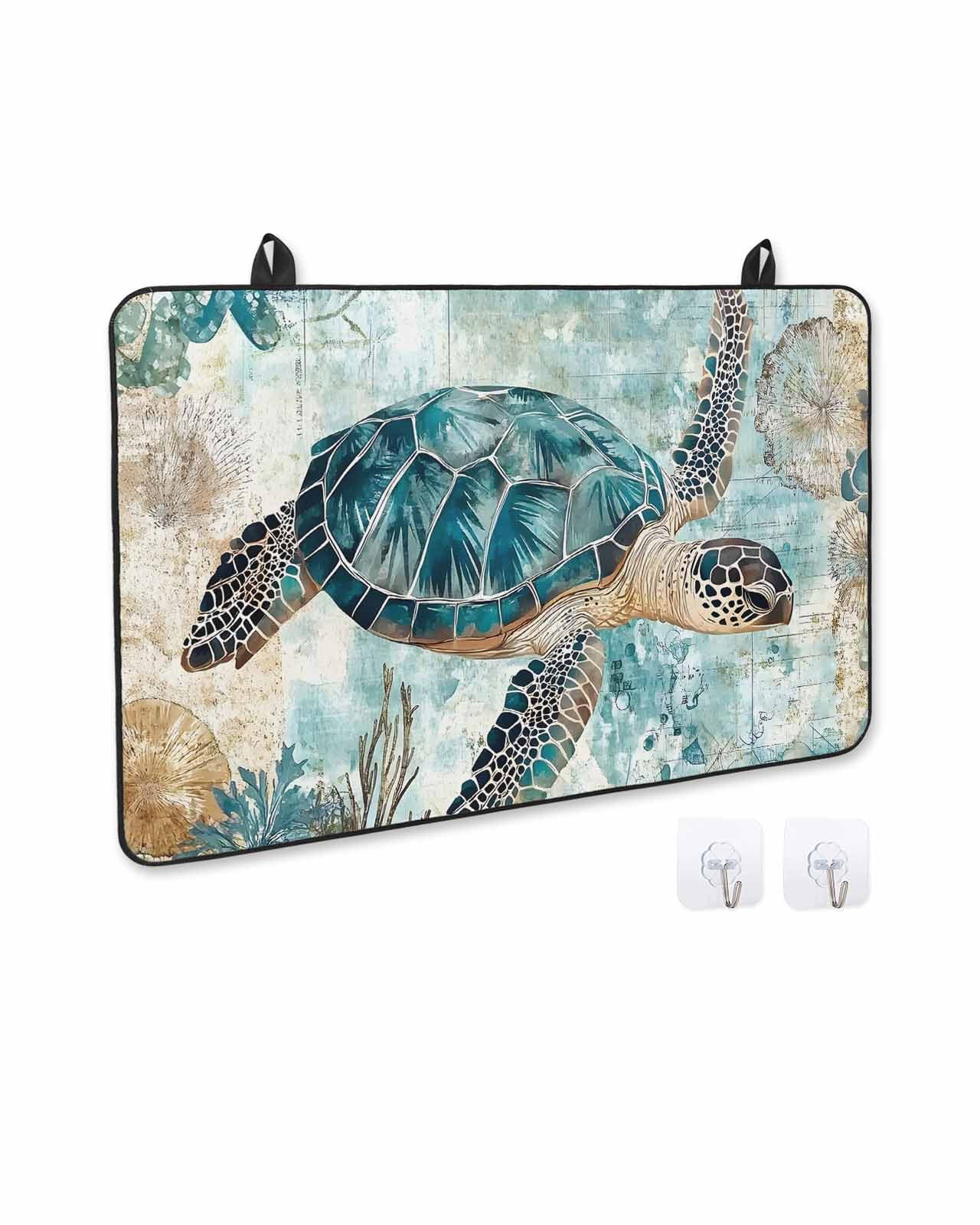 nqOlkjepod Large Induction Cooktop Protector Mat 36"x21", Teal Coastal Turtle Stove Top Covers for Electric Stove, Vintage Watercolor Marine Life Stove Burner Cover Mats, Glass Top Stove Cover